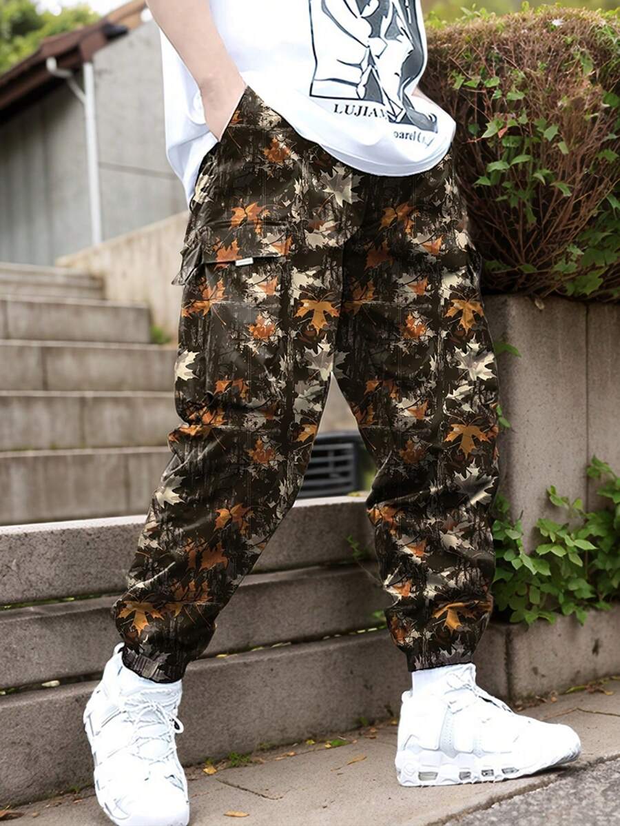 1pc Simplistic Teenage Boys' Casual Street Style Outdoor Full Maple Leaf Allover Print Pocketed Cargo Pants, Spring/Autumn - Orange - View 1
