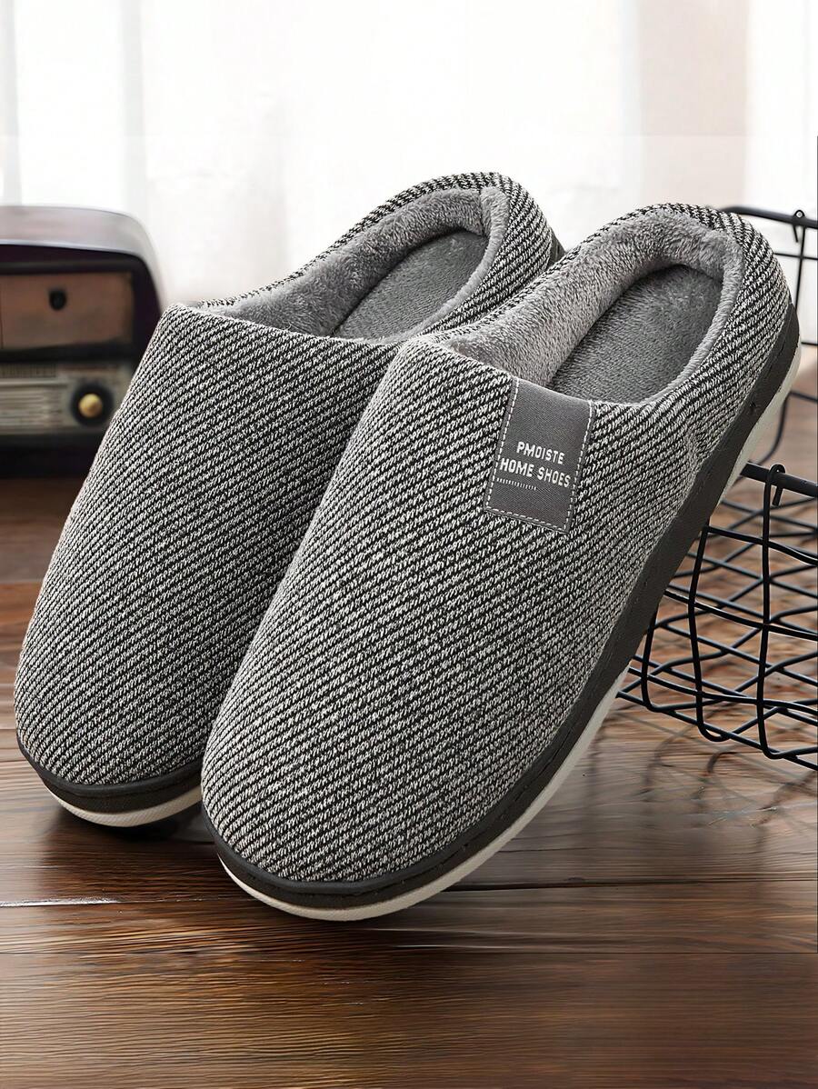 室内家居条纹拖鞋男士圆头柔软舒适绒面记忆泡沫鞋冬季保暖时尚情侣拖鞋黑色