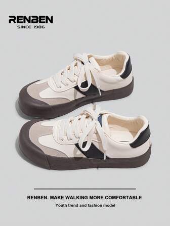 RENBEN 1 Pair Women's New Autumn Leather Surface Fashionable Retro Versatile Flat Sneakers, Casual Travel Lace-Up Platform Shoes