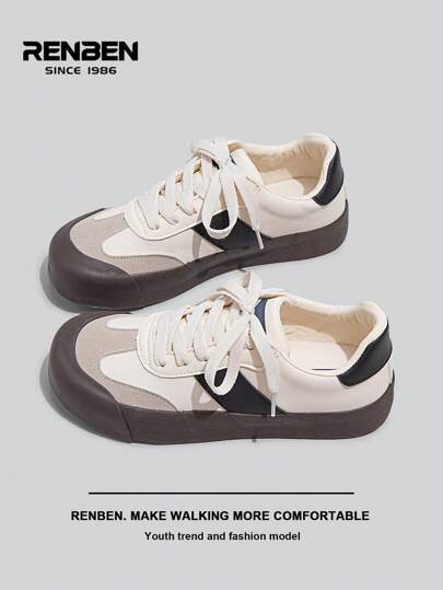 RENBEN 1 Pair Women's New Autumn Leather Surface Fashionable Retro Versatile Flat Sneakers, Casual Travel Lace-Up Platform Shoes
