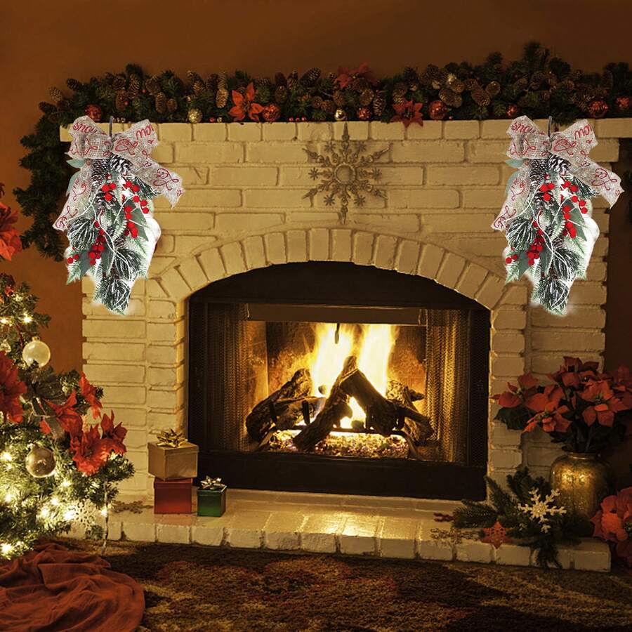 Christmas Swag Wreath Burlap Bowknot Red Berries Hanging Upside Down