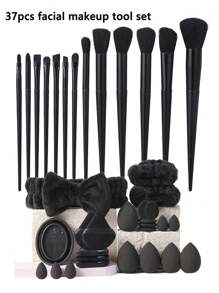 37pcs Facial Makeup Tool Set: Includes 13pcs Makeup Brushes & 1pc Hair Ties & 2pcs Wristbands & 4pcs Large Makeup Sponges & 4pcs Mini Beauty Eggs & 4pcs Fan-Shaped Powder Puffs & 4pcs Thumb Powder Puffs & 1pc Wash Brush Cleaning Bowl - Suitable For All Skin Types