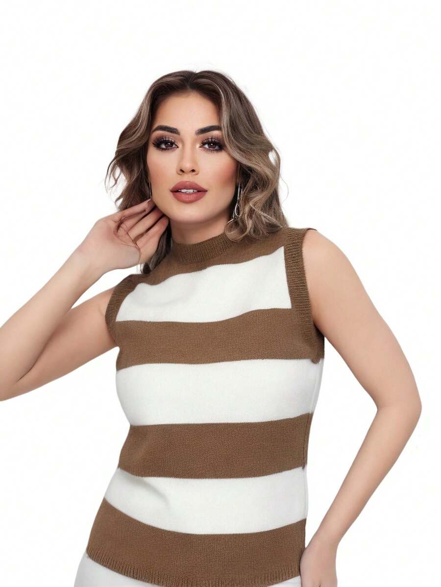 Women's Blouse Top Tank Top Knit Modal Striped Summer Fashion - Màu Khaki - Xem 1