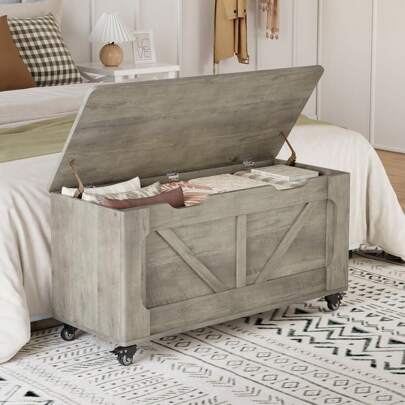 Storage Chest,39.4'' Wooden Storage Bench With 4 Wheels,Storage Trunk With 2 Safety Hinges,Toy Box Support 350 Lbs For Bedroom,Entryway Bench With Storage,For Living Room,Gray