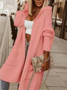 Áo cardigan dệt kim có mũ trơn size lớn, tay dài dáng rộng mở trước có túi, áo khoác ngoài thanh lịch thường ngày cho mùa thu & đông, màu hồng - Hồng - Xem 1