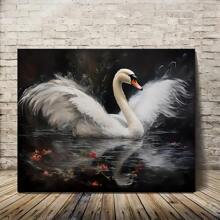 Swan On The Lake Canvas Wall Art: Animals Print, Swan And Flower Artwork, Home Decoration, Festival Gift, Office Supplies, School Supplies, Classroom Decor, Wall Art Patterns