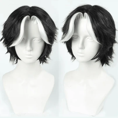Black With White Highlights Short Cosplay Synthetic Wig, Suitable For Halloween, Christmas, Party Costumes, Unisex Anime Cosplay Short Hairstyle