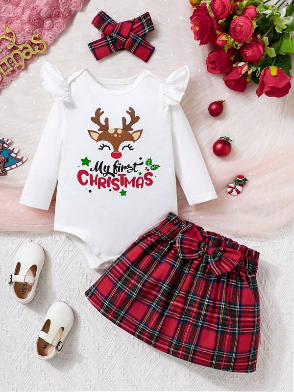 Set de 3 piezas compuesto por mono de bebé con estampado de reno, falda a cuadros y diadema, atuendo navideño para niñas