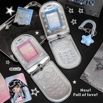 1pc Star Cute Kpop Photocard Holder Keychain Mobile Phone Shape Pu Leather Photo Card Holder Keychain Pink Blue Kawaii Flip Phone Shape Pc Holder Kpop Korean Star Pendant School Stationery Gifts Back To School