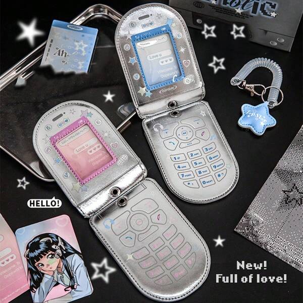 1pc Star Cute Kpop Photocard Holder Keychain Mobile Phone Shape Pu Leather Photo Card Holder Keychain Pink Blue Kawaii Flip Phone Shape Pc Holder Kpop Korean Star Pendant School Stationery Gifts Back To School