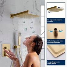 Shower Faucet Set Shower System Featuring An 8-Inch/10-Inch/12-Inch Rain Showerhead And Handheld Showerhead. Complete Shower Combination Set With Concealed Valve And Decorative Trim Kit. - Brushed Gold - View 3
