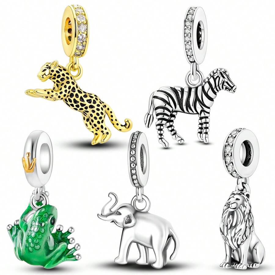 1 Pc Silver Color Realistic Cool Golden Leopard Cheetah Elephant Zebra Frog Lion Forest Animal Pendant Charm Suitable For Original Snake Bracelet Bangle Necklace Keychain Beads For Diy Jewelry Making Women Unisex Daily Jewelry Gift - Silver - View 1