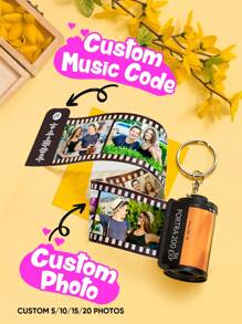 1pc Custom Film Roll Keychain With Scannable Music Code, Personalized Photo And Music Keychain, 4.5x2.5cm Reel Keychain, Unique Anniversary Gift - Yellow with Music Code - View 2