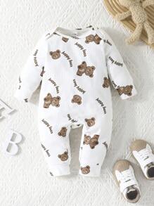2 pièces Combinaison à manches longues pour bébé garçon avec imprimé de lettre d'ours mignon et unie, tenue pour le printemps/automne