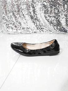 女士平底圆头低帮黑色漆皮芭蕾鞋，时尚通勤舒适便鞋 - 黑色 - 查看 5