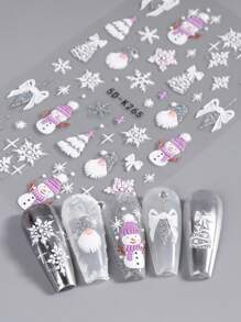 1 件圣诞指甲贴纸 5D 浮雕冬季设计金银色闪光球雪花树雪人指甲设计节日贴纸粘性贴花指甲用品女士美甲 - 彩色 - 查看 6