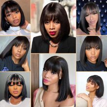Fulgent Sun Hair Short Black Bob Wig With Bangs 180% Density Middle Part 2x1 Lace Wig Straight Short Bob Wig Human Hair Natural Human Hair Wigs - Natural Black - 查看 8