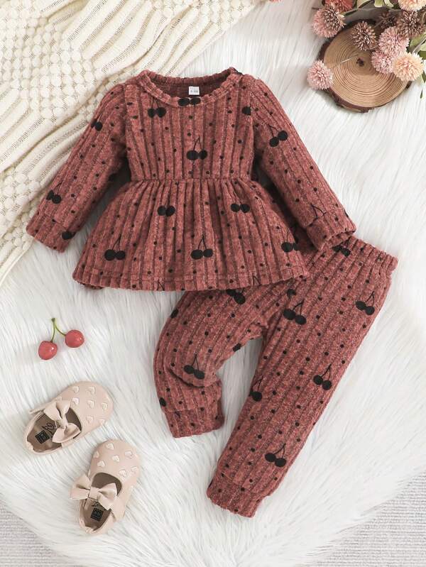 2pcs/Set Baby Girl Cozy & Cute Ribbed Cherry Decor Long Sleeve Top And Pants Set, Spring Autumn
