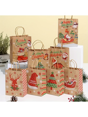 Christmas Decoration 1/5/10 Christmas Kraft Paper Gift Bag Set - Christmas Paper Handbag Set With Various Designs For Christmas Gifts And Party Gifts, Packaging [Random Shipping]