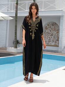Áo choàng maxi thêu đen, áo kaftan thanh lịch mặc nhà cho kỳ nghỉ xuân. - màu đen - Xem 7