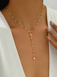 LIEBEIRIS 1pc 18k Gold Plated Y-Shape Cross & Tassel Stainless Steel Necklace, Suitable For Women Daily Wear & Gift