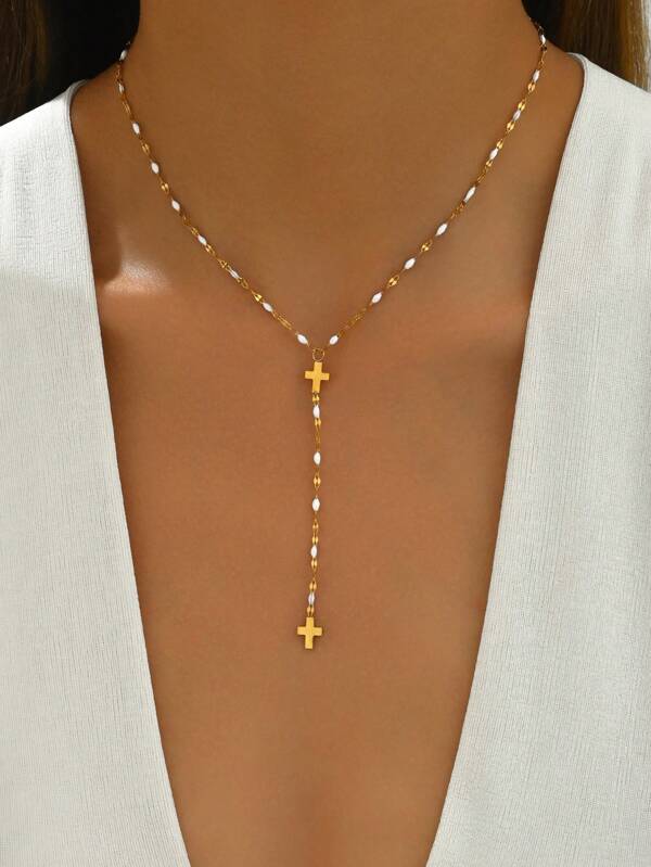 LIEBEIRIS 1pc 18k Gold Plated Y-Shape Cross & Tassel Stainless Steel Necklace, Suitable For Women Daily Wear & Gift