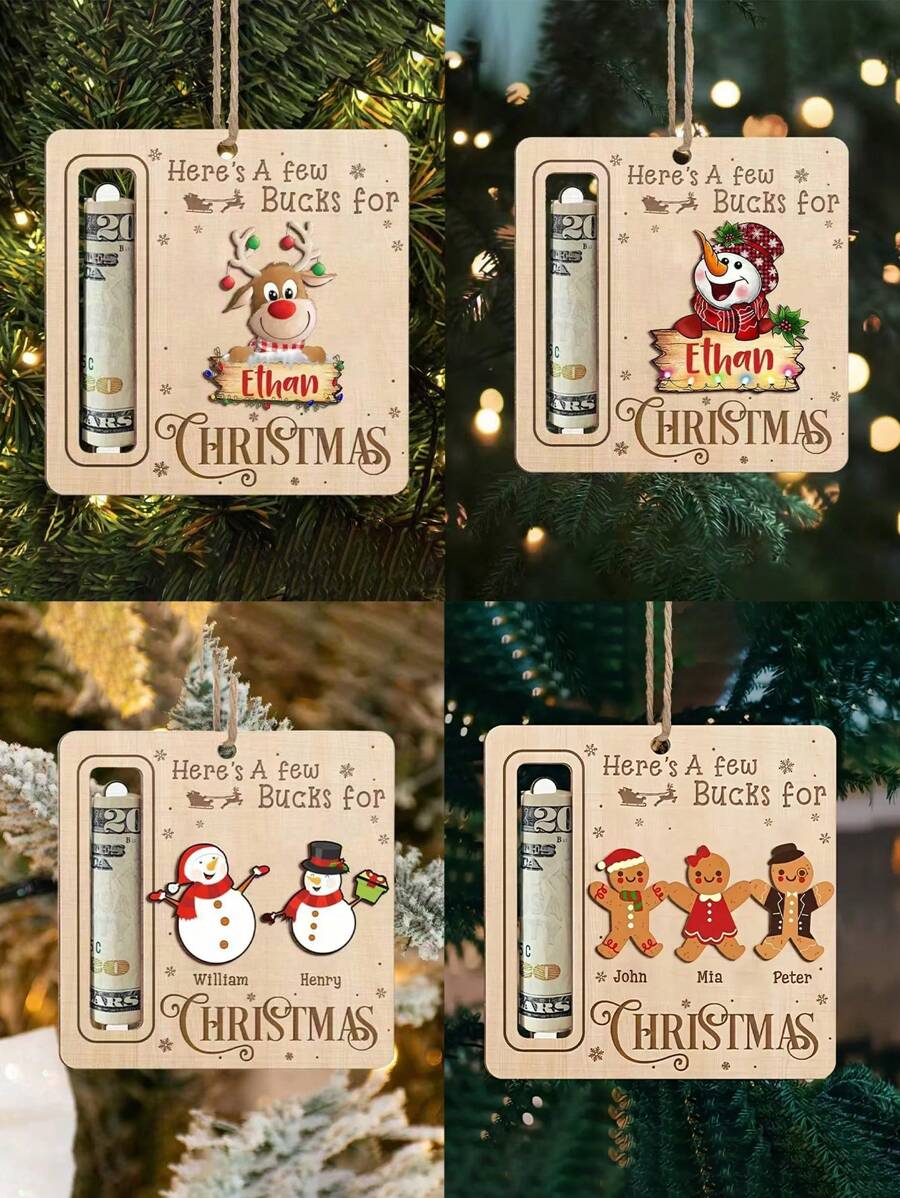 1 件木制钱罐圣诞装饰品，经典风格个性化木制工艺品，带有雪人、麋鹿和姜饼人物，适用于室内/室外节日家居装饰、圣诞节 - 彩色 - 查看 1