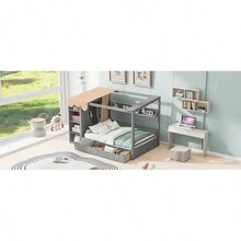 Full Size House Bed With Two Drawers And Wardrobe, Gray - 灰色+實木+全如圖 - 查看 15