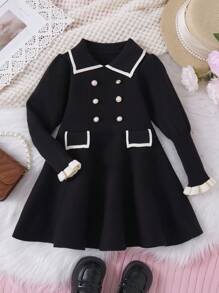 1 件装年轻女孩黑色简约圆领珍珠装饰公主裙荷叶边下摆毛衣裙，秋季 - 黑色 - 查看 1