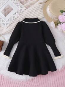 1 件装年轻女孩黑色简约圆领珍珠装饰公主裙荷叶边下摆毛衣裙，秋季 - 黑色 - 查看 2