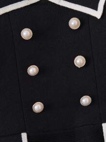 1 件装年轻女孩黑色简约圆领珍珠装饰公主裙荷叶边下摆毛衣裙，秋季 - 黑色 - 查看 4