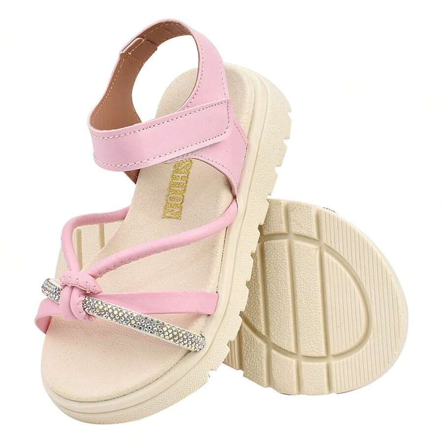 Pink Papete Sandal For Girls With 1 Straight Strap, 1 Rhinestone And A Roller Knot - 淺粉色 - 查看 1