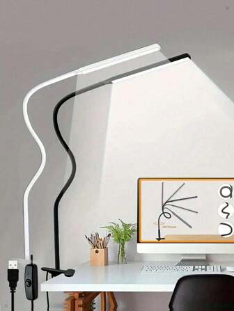 1pc LED Gooseneck Lamp With Clip, Adjustable Flexible Neck, US8 Power Cord With Switch, Button Control And Corded Design - Ideal For Home Office, Bedside, Computer, Video Calling And Crafting (Black/White)