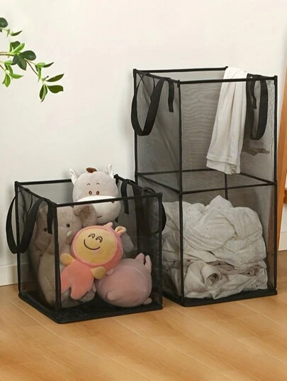 1pc Foldable Square Laundry Basket, Large Size Wire Mesh Dirty Clothes Hamper, Bathroom Dirty Clothes Storage Basket With Handle