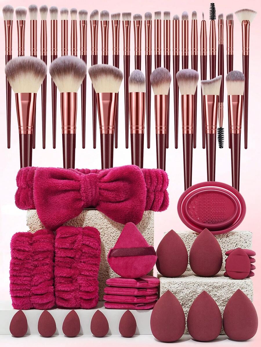 (Wine Red)15/18/20/22/25/30/32PCS Makeup Brush Set Includes Powder Brush,Highlight Brush,Nose Shadow Brush,Detail Brush,Outline Brush,Eyelash Brush,Foundation Make-Up Brush,Facial Brush,Concealer Brush,Eye Shadow Brush Set, Eyelash Curling Brush+5PCS Makeup Sponges For Liquid Makeup+5PCS Mini Makeup Sponges For Liquid Makeup+5PCS Triangle Powder Puffs For Loose Powder - 酒紅色 - 查看 1