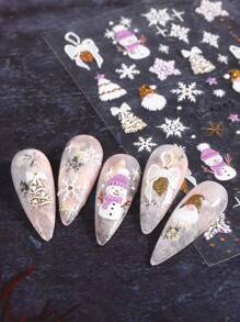 1 件圣诞指甲贴纸 5D 浮雕冬季设计金银色闪光球雪花树雪人指甲设计节日贴纸粘性贴花指甲用品女士美甲 - 彩色 - 查看 9