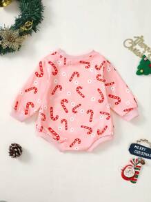 女婴粉色圣诞糖果手杖印花婴儿，圣诞连体衣，适合 0-1 岁婴儿 - 粉色 - 查看 2