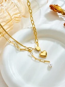 1 pieza Colgante de corazón de perla de alta gama de moda asimétrico de metal de acero inoxidable, diseño minimalista creativo, adecuado para uso diario, regalo