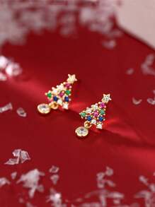 CVNANA 2pcs Cubic Zirconia Christmas Tree Studs Earrings, Women Mini Copper Jewelry Christmas Day Dress Up And Gift For Christmas Day