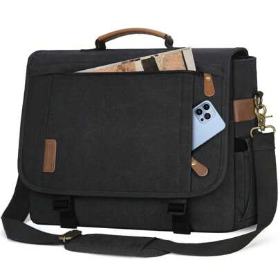 Messenger Bag For Men 17-17.3 Inch Laptop Bag Water-Resistant Canvas Computer Shoulder Bag Office Work Briefcase Large Casual Satchel Bags For Men Bookbag For College