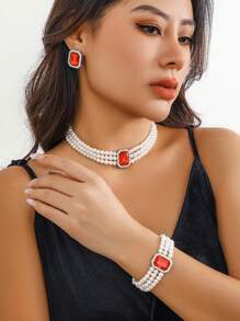 4 件套奢华时尚水晶镶嵌多层仿珍珠项链和手链、宝石耳环、优雅女士新娘首饰套装 - 彩色 - 查看 15