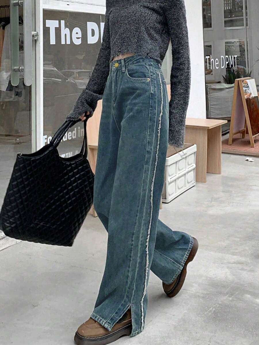 YCYC 韓版復古直筒毛邊牛仔褲 女款 - 淺色水洗藍 - 查看 1
