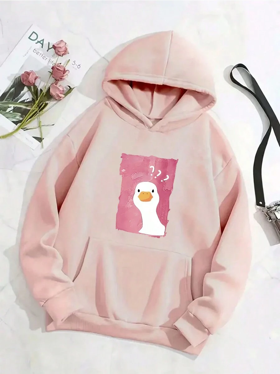 Ladies Trendy Sudadera con capucha con estampado de patos de dibujos animados, Suelta Ropa Casual Otoño e Invierno Mujer - Rosa - Ver 1