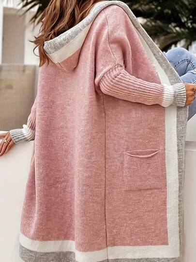 New Women Fashion Color Blocking Hooded Knit Cardigan,Long Sleeve Tops