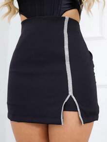 Women's Short Skirt Rhinestone Slit With Shine - 黑色 - 查看 2