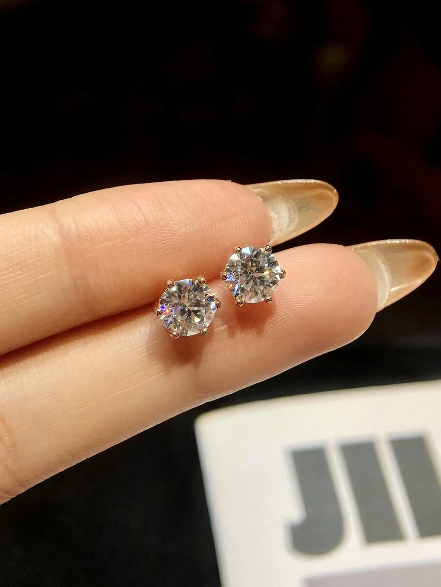 1 Cặp 0,1ct-2ct Hoa tai Moissanite sáu chấu Hoa tai cưới Hoa tai đính đá S925 Bạc Sterling Hoa tai tròn Trang sức sang trọng Quà tặng cho phụ nữ - Hoa hồng vàng - Xem 1