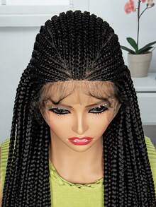 全双蕾丝辫子假发 全蕾丝假发盒式编织假发 蕾丝前部无结盒式辫子 女式蕾丝前部假发 合成黑色手工刺绣 全双蕾丝辫子假发 带婴儿头发 - 黑色 - 查看 7