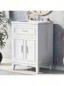 24" Bathroom Vanity With Sink, Bathroom Vanity Cabinet With One Flip Drawer And Doors, Solid Wood And MDF, White - 1 - 查看 1