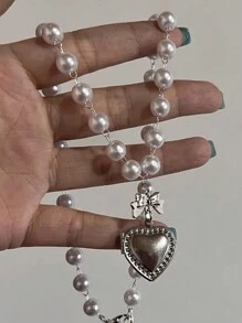 Collar con colgante de imitación de perla blanca en estilo Y2K, con dije de corazón grande y patrón de flor, collar gargantilla para mujeres y niñas. Regalo para el Día de San Valentín, mamá, madre, Día de la Madre.
