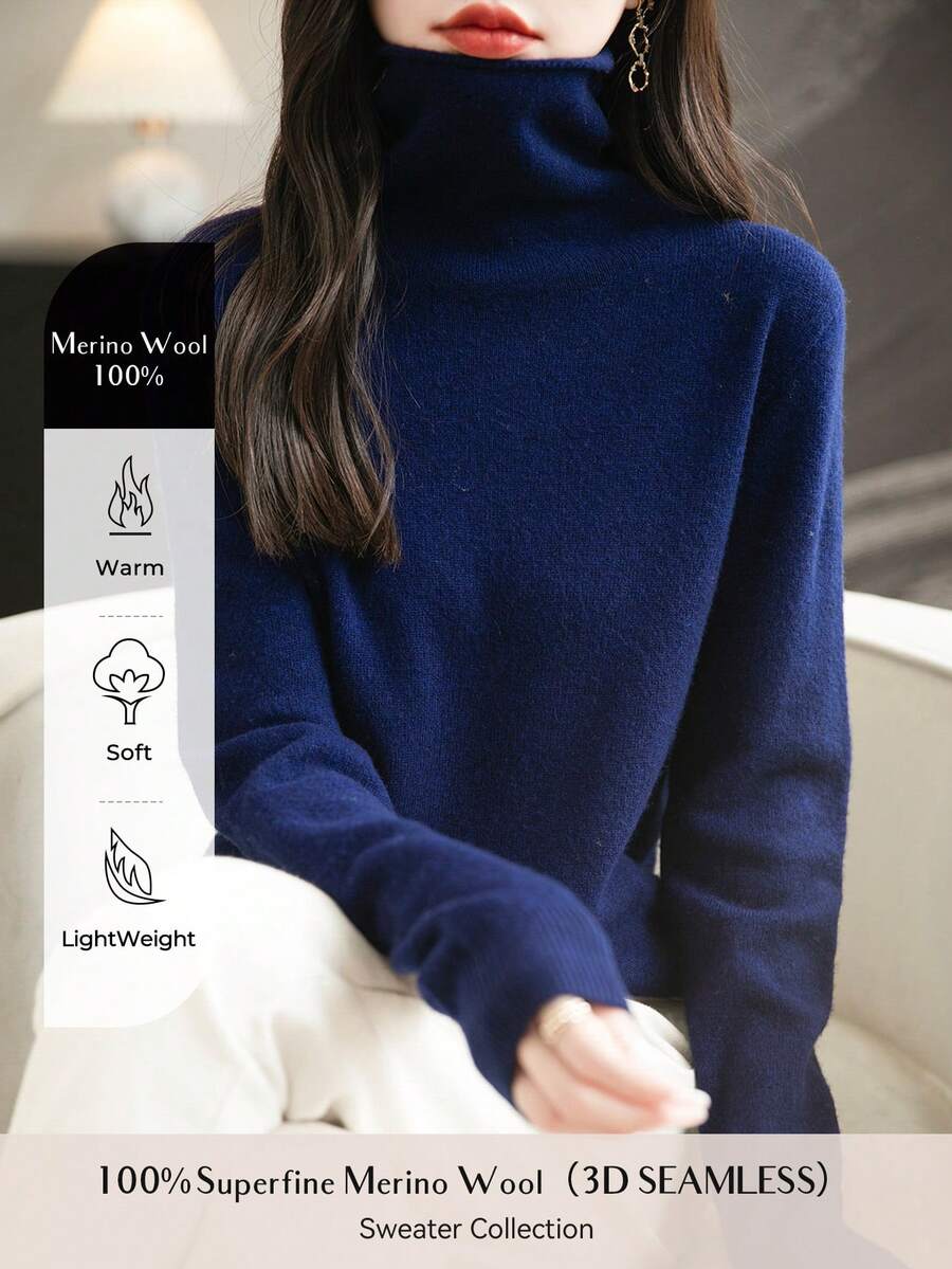 Women's  Seamless Sweater Turtleneck First-Line Ready To Wear Long Sleeve Knitted Pullover Tops - Navy Blue - View 1